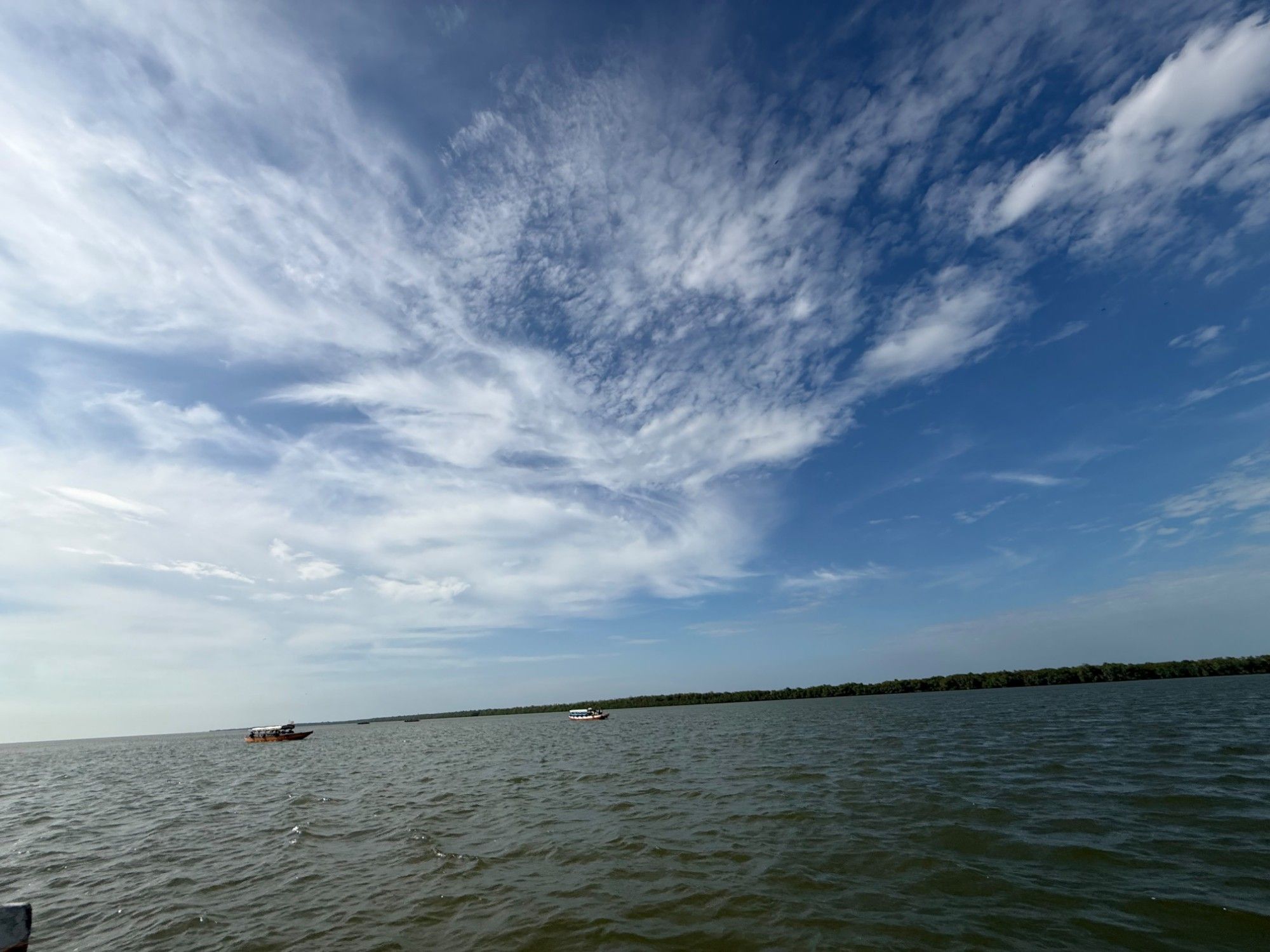 Twee rivierboten op het brede water van de monding, met een lage mangrovekust en een hoge lucht vol veerwolken.